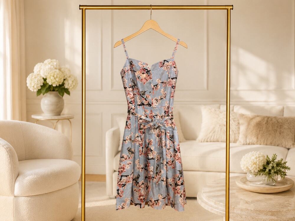 Gal Meets Glam Daphne Blue Floral Bird Print Midi Dress Size 14 Button Front